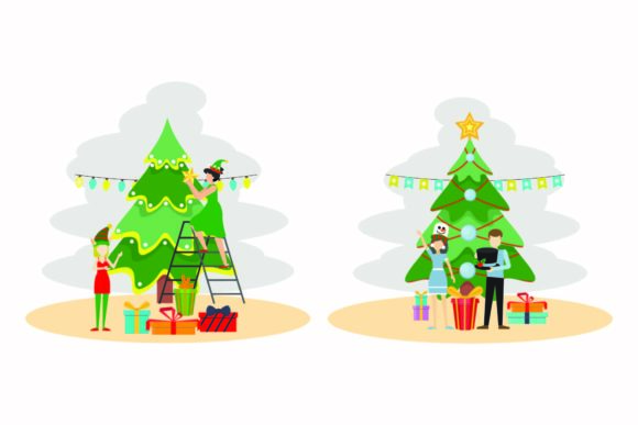 Christmas Shiny Tree Illustration Set: Festive Graphics for Local Brands
